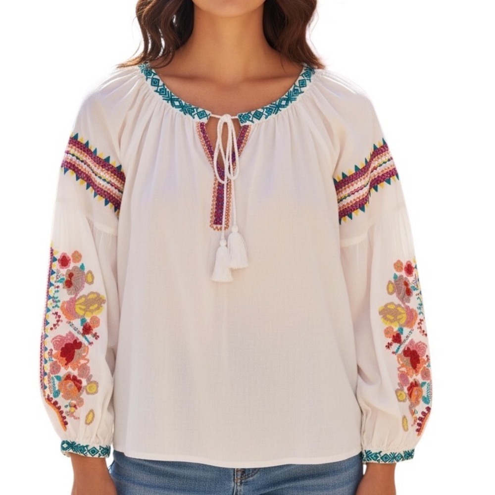 Solitaire Embroidered Boho Peasant Blouse Floral Folk Cottagecore Festival S